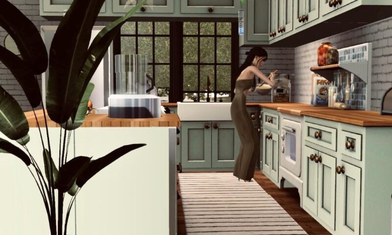 Sim character brewing moonshine in apartment kitchen with bubbling still