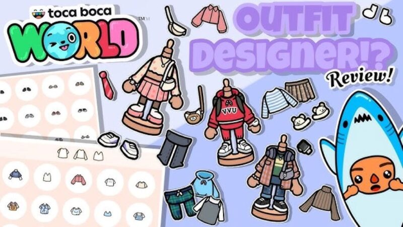 A diverse group of custom-designed Toca Boca characters showing off unique outfits and colorful hairstyles in front of a modern house