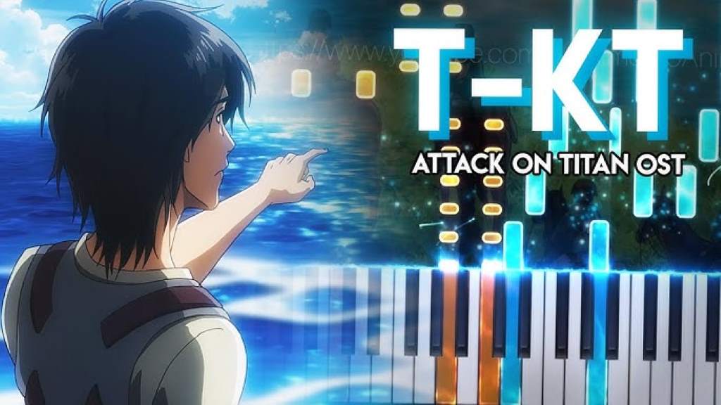 Epic Attack on Titan scene with Titans and dramatic soundtrack overlay from Hiroyuki Sawano.