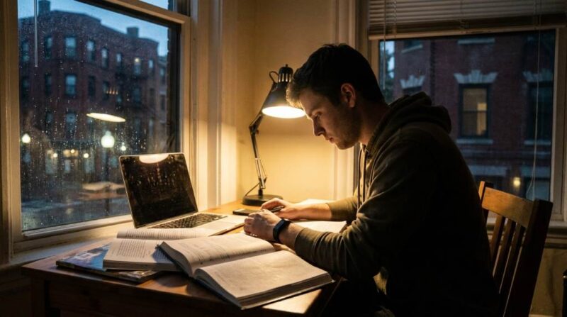Boston student using silent wrist device during late night study session