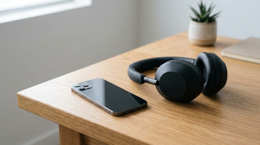 Premium noise canceling headphones resting next to smartphone on clean wooden desk.