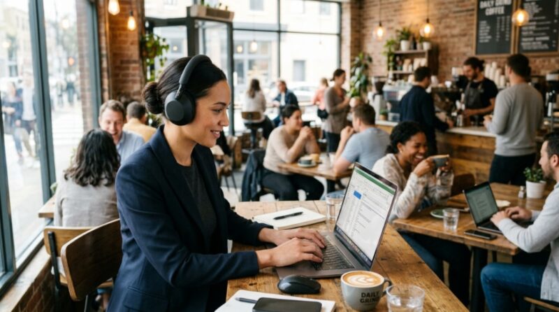 Person wearing black Bose QuietComfort headphones while typing on laptop inside coffee shop.