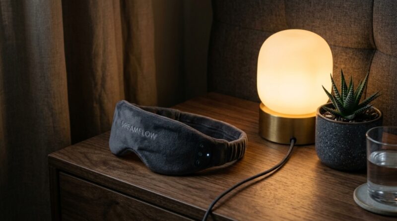 Wireless sleep headphones resting on a bedside table under warm lighting.