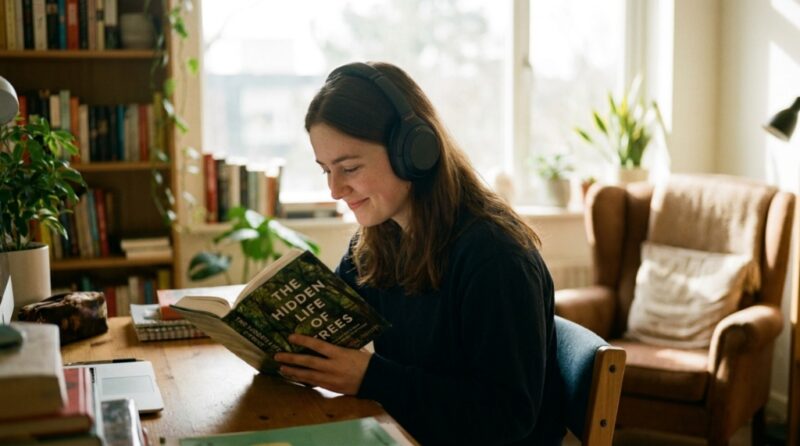 Young student wearing over ear headphones while reading a book at a desk.