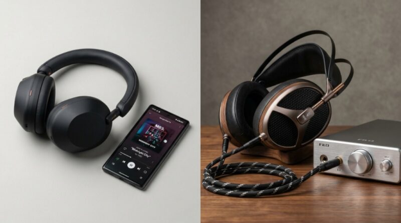 Side-by-side comparison of wireless over-ear headphones and wired studio headphones on a desk.