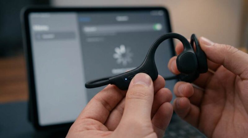 Person wearing bone conduction headphones during a workout with phone nearby