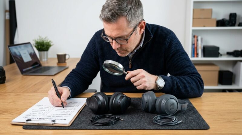 Person comparing budget wireless headphones side by side on a desk.