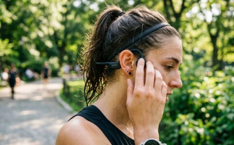 Runner wearing open-ear headphones on a sunny California boardwalk.